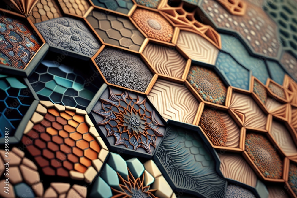 Poster mosaic art abstract background in hexagonal shape. distinct generative ai image.