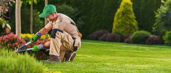 Landscaping and Garden Care Worker Trimming Plants