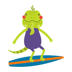 Cute iguana lizard surfing on a surfboard cartoon character illustration. Hand drawn Scandinavian style flat design, isolated vector. Kids summer print element, animal on holidays, vacations, beach