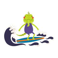 Cute iguana lizard surfing on a surfboard, cartoon character illustration. Hand drawn Scandinavian style flat design, isolated vector. Kids summer print element, animal on holidays, vacations, beach