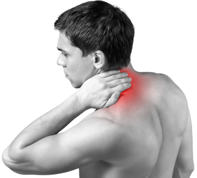 Strong man with neck pain, back view