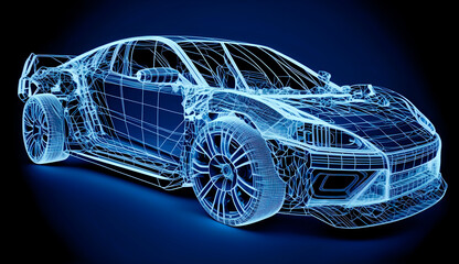 Fototapeta na wymiar Front Side view of futuristic ar car wireframe concept in blue theme, Augmented reality car wireframe concept, Modern technology concept with wireframe intersection, generative ai