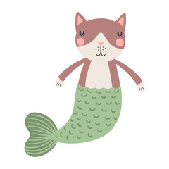 Cute cat mermaid cartoon character illustration. Hand drawn Scandinavian style flat design, isolated vector. Kids summer print element, animal on holidays, vacations, beach