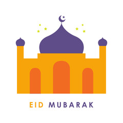Eid Mubarak greeting card design with mosque. Eid Al Fitr holiday poster. Ramadan celebration flat vector illustration.
