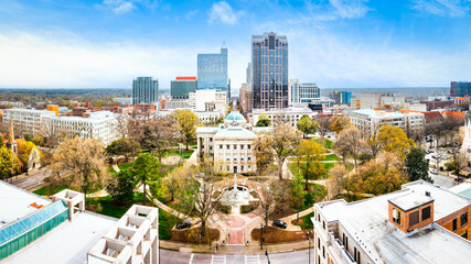 Drone panorama of the North Carolina State Capitol and Raleigh skyline - obrazy, fototapety, plakaty