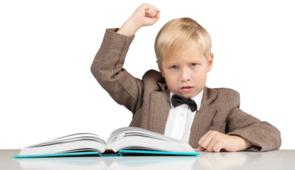 Little boy with book isolated on white background