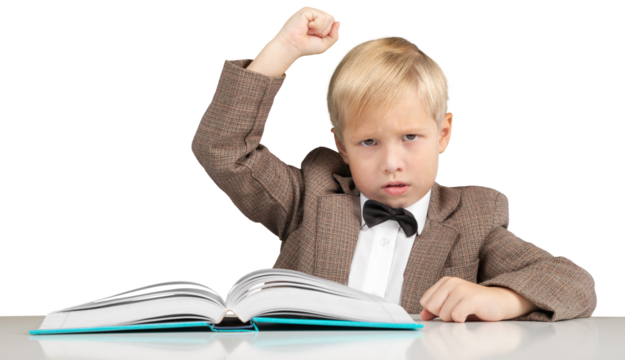 Little boy with book isolated on white background