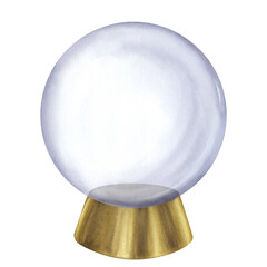 Magic glass crystal sphere. Predictions. Transparent ball, bubble. Hand-drawn watercolor illustration isolated on white background. Design element
