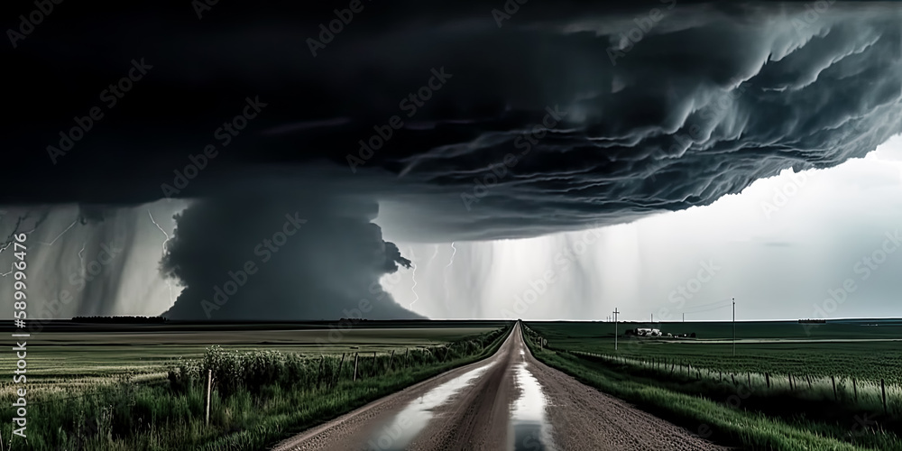 Poster a dark and powerful tornado storm was foreboding on the country side, warning of a dangerous wind. -