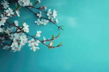 cherry blossom branches on turquoise blue background. Generative AI