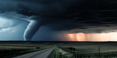 A blanket of dark clouds hung ominously over the countryside, a warning of a powerful wind and tornado to come. - Generative AI