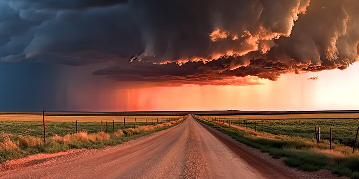 A peaceful rural landscape of rolling hills and farmlands was disrupted by a powerful storm, bringing strong winds and tornadoes. - generative ai.