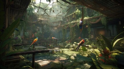 The tropical rainforest aviary with exotic birds is a breathtaking spectacle. Generated by AI. - obrazy, fototapety, plakaty