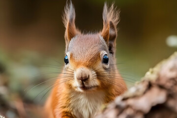 Naklejka na ściany i meble Close-up portrait of a cute red squirrel in the wild looking at camera. Generative AI. 