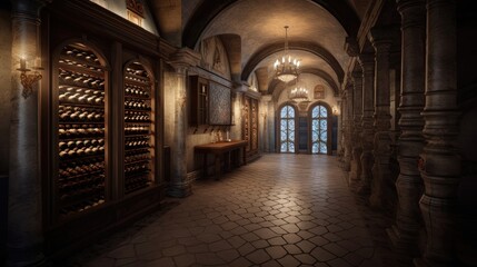 Fototapeta premium With its ornate architecture and exquisite design, an Italianate-style wine cellar is the ultimate destination for wine lovers seeking. Generated by AI.
