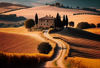 Tuscan farmhouse amidst hills during harvest period in San Quirico d'Orcia, Siena province, Tuscany, Italy. Generative AI