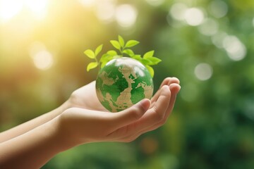 Hand of human holding green world with environment icon, Save world, sustainable environment concept - generative ai