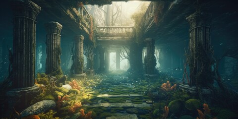 Underwater scene whit an old ancient temple - generative ai