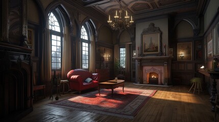 The Victorian Gothic living room is a stunning display of dark opulence, with its dramatic architecture, rich textiles, and ornate furnishings. Generated by AI.