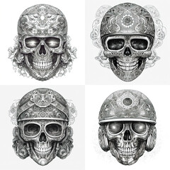 Mandala tattoo biker, motorcycle, skull, helmet isolated on white background. Photo collage. Generative AI