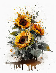 Sunflowers Illustration, sketch, watercolor, for graphic design, logos, t shirts. Generative AI
