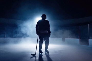Dark Silhouette of a Hockey Player on the Ice Rink at the Stadium, Generative AI - 590000640