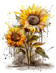 Sunflowers Illustration, sketch, watercolor, for graphic design, logos, t shirts. Generative AI
