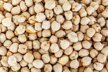 Dry chickpeas. Health and natural products. Close-up. Background. Space for text. Top view.