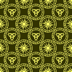 seamless celtic pattern of yellow round elements on a green background, texture, design