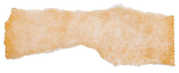 Single piece of isolated ripped crumpled blank brown paper, top view from above on white or...