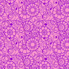 seamless pattern of magenta contours of flowers on a pink background, texture, design