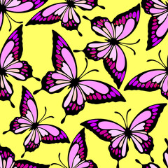 Fototapeta na wymiar seamless pattern of bright colored butterflies on a yellow background, texture, design