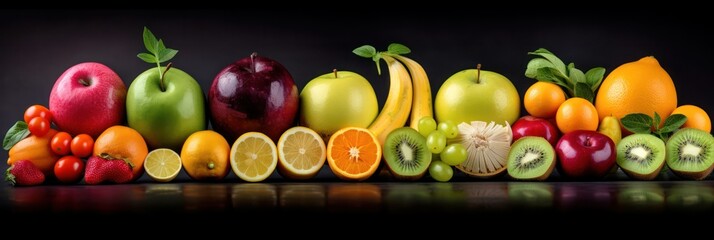 Panoramic background with assortment of fresh organic fruits and vegetables in rainbow colors. Generative AI