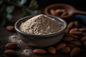 Bowl with almond flour and nuts on dark background. AI-Generated.