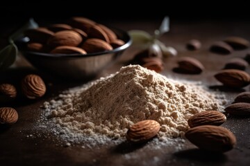 Almond flour and nuts on dark background. AI-Generated.