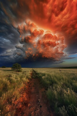 énorme nuage d'orage cumulonimbus reflétant les couleurs du soir, au dessus d'une prairie avec un chemin dans la région du middle ouest des états-unis 