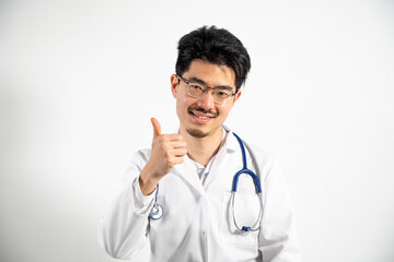 Portrait of Asian doctor talking to his patient in consultation or teleconsultation.