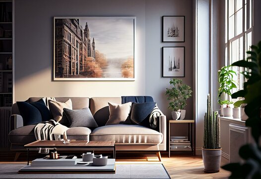 An artwork depicting the interior of a living room in a New York City apartment. Generative AI