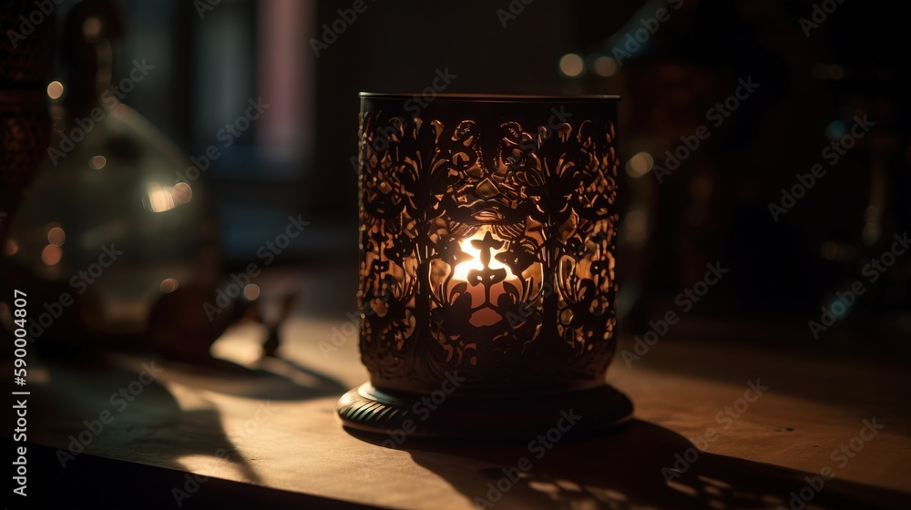 Aufkleber a lit candle sitting on a table next to a bottle of wine and a glass of wine on a table with a shado
