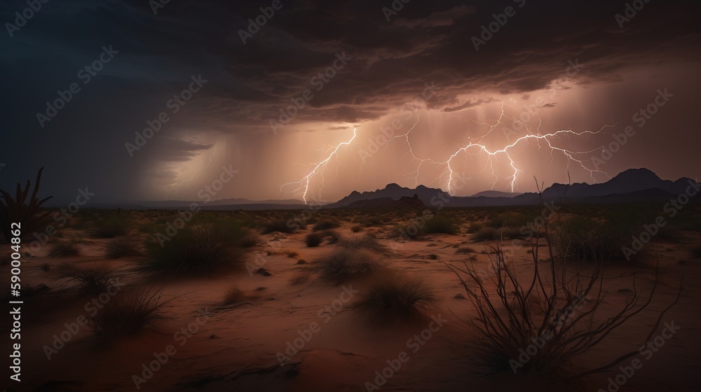 Poster a storm is coming in over a desert area with mountains in the background and lightning in the sky ov