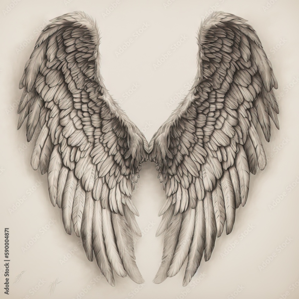 Poster a drawing of two large wings on a white background with a shadow of the wings on the left side of th