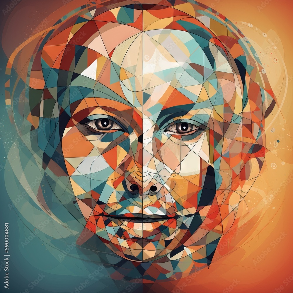 Poster a colorful portrait of a man with a face made of geometric shapes on a blue background with a red gl