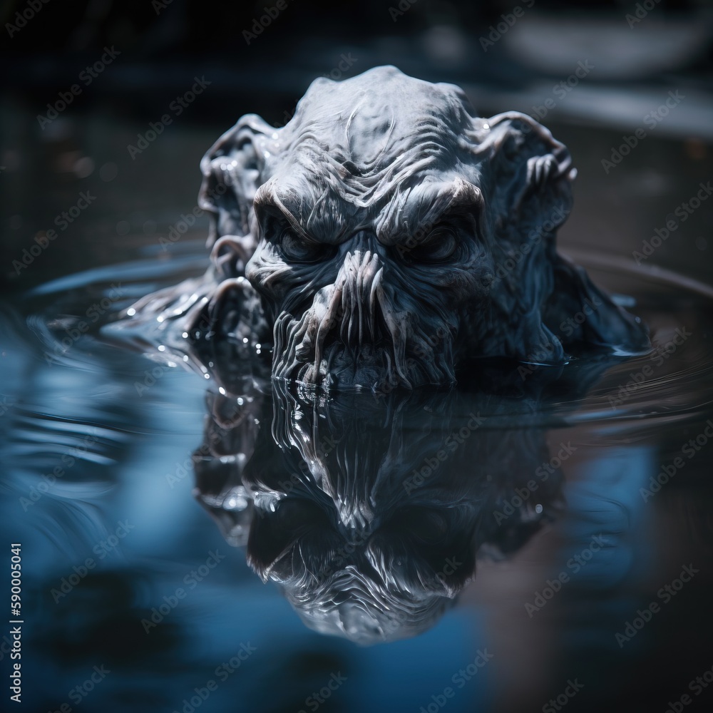 Poster a close up of a statue of a creature in the water with its head in the water and its reflection on t