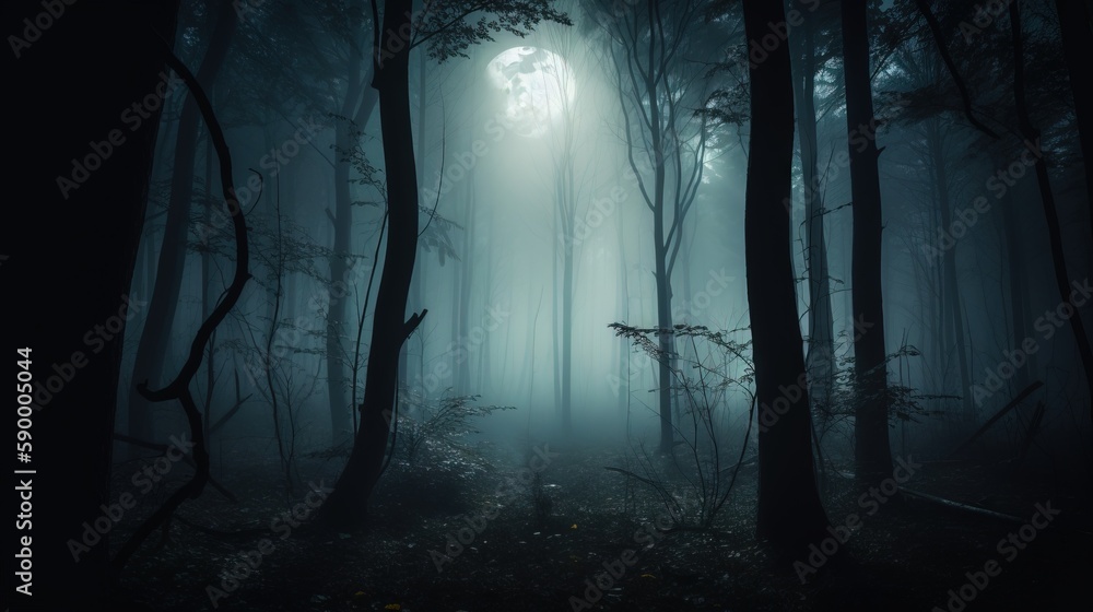 Poster a foggy forest with a light shining through the trees in the middle of the night, with the sun shini