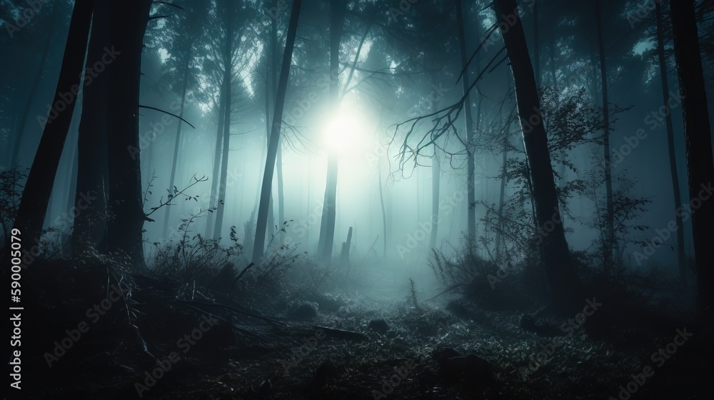 Poster a foggy forest with a light shining in the middle of the woods and trees in the foreground, with a t