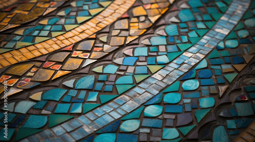 Poster a close up of a colorful mosaic tile design on a table top with a knife in the middle of the mosaic 