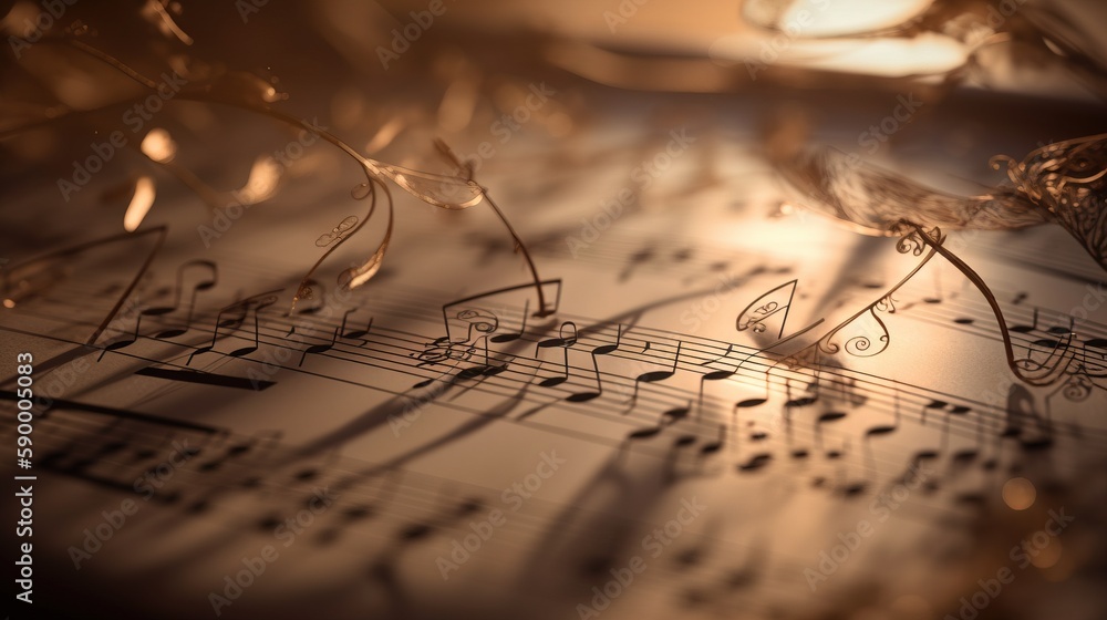 Poster a sheet of music with musical notes and a bird on it's back drop of water from the top of the sheet 