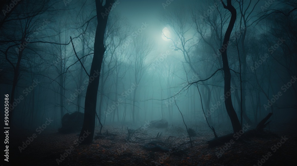 Poster a foggy forest with trees and rocks in the foreground and a full moon in the distance in the distanc