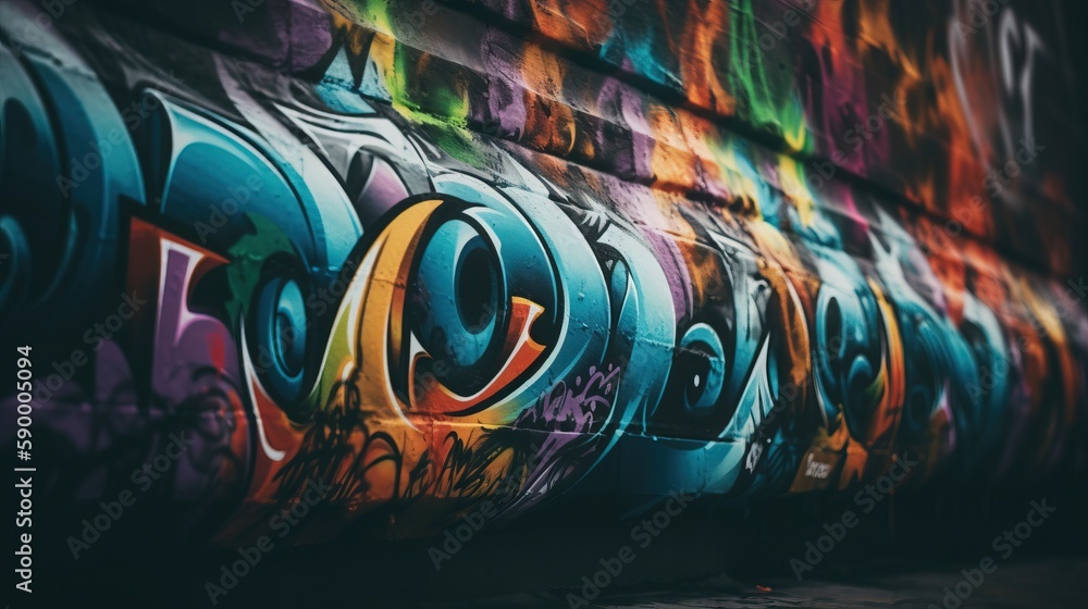 Aufkleber a wall covered in lots of colorful graffiti next to a building with a clock on it's side and a perso