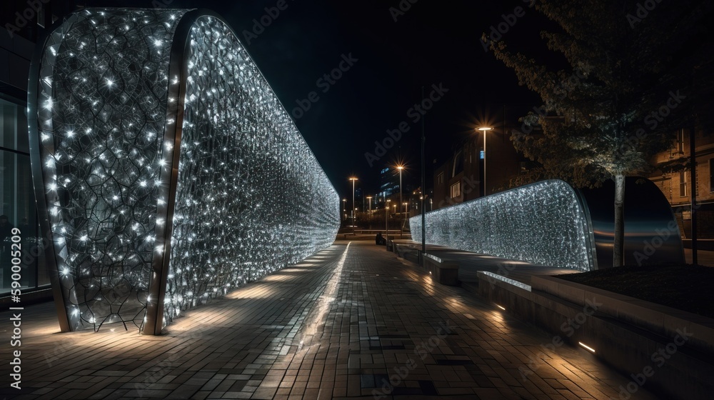 Poster a walkway that has lights on it and a bench on the side of the road next to a building with a clock 